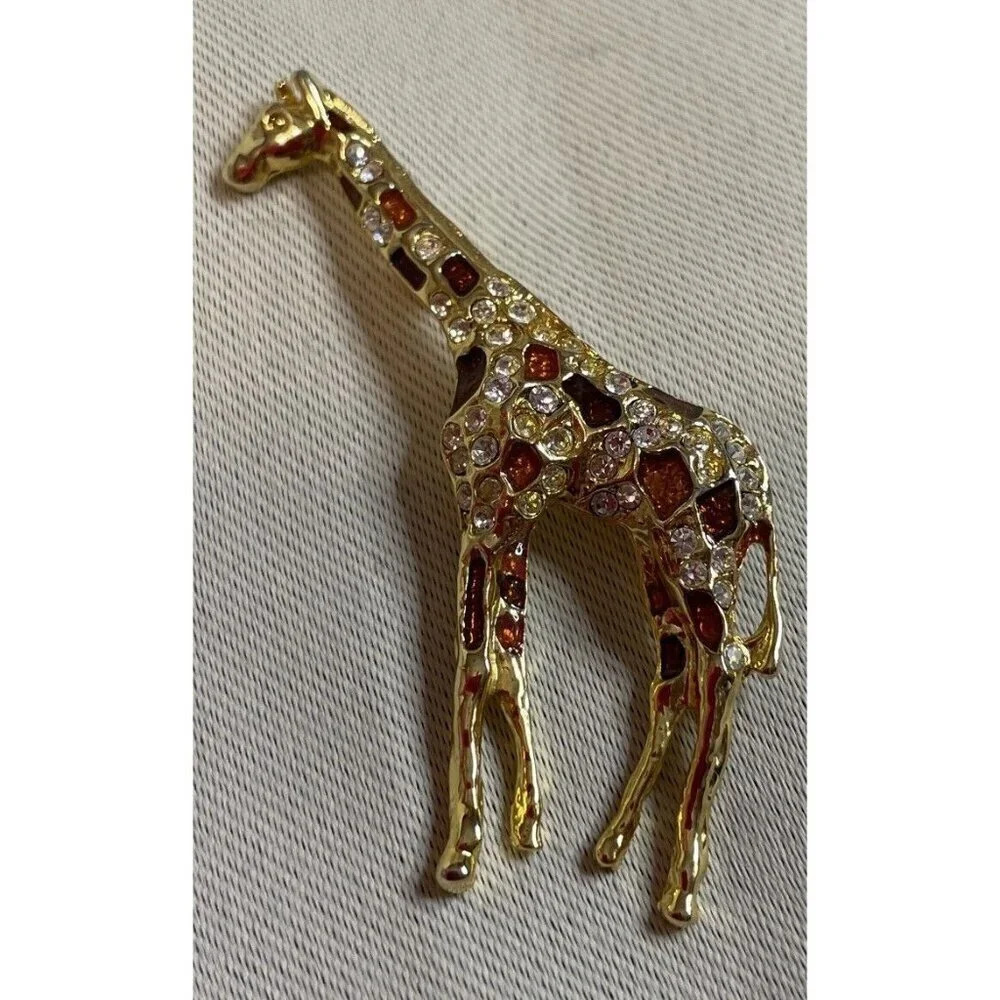 Giraffe Gold Tone Clear Crystal Rhinestones Brown Spotted‎ Brooch Pin 2.5 Inch